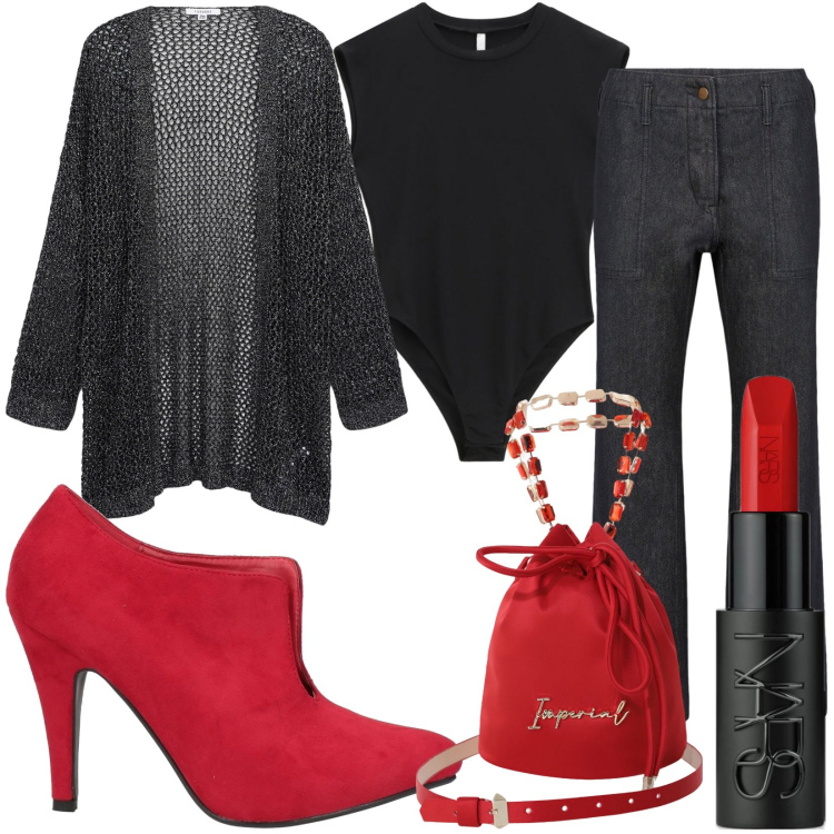 Outfit donna - Quando il makeup diventa un accessorio. Stile Casual chic per Tutti i giorni. Abbinamento con décolleté, rossetti, kimono, top, borse a secchiello, pantaloni.