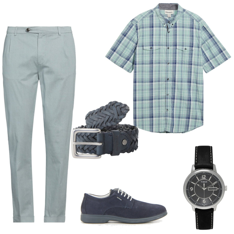 Outfit uomo - La camicia a maniche corte. Stile Casual per Tutti i giorni. Abbinamento con camicie a manica corta, orologi, pantaloni chino, cinture, scarpe stringate.