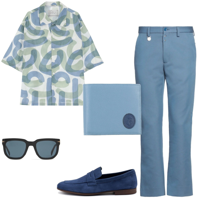 Outfit uomo - La camicia a maniche corte. Stile Casual per Serata speciale. Abbinamento con portafogli, pantaloni chino, camicie a manica corta, occhiali da sole, scarpe stringate.