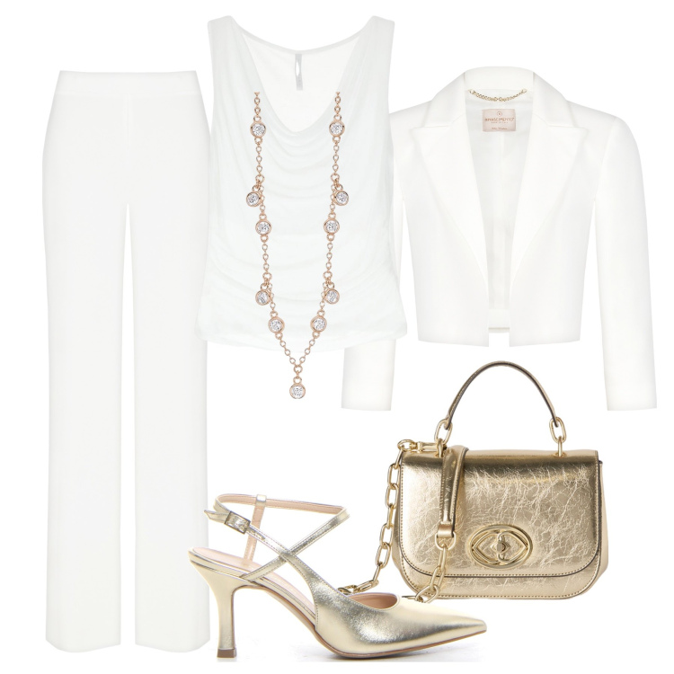 Outfit donna - Bianco ottico e oro. Stile Chic per Cerimonia. Abbinamento con pantaloni a palazzo, bolero, collane, top, borse a tracolla, sandali col tacco.