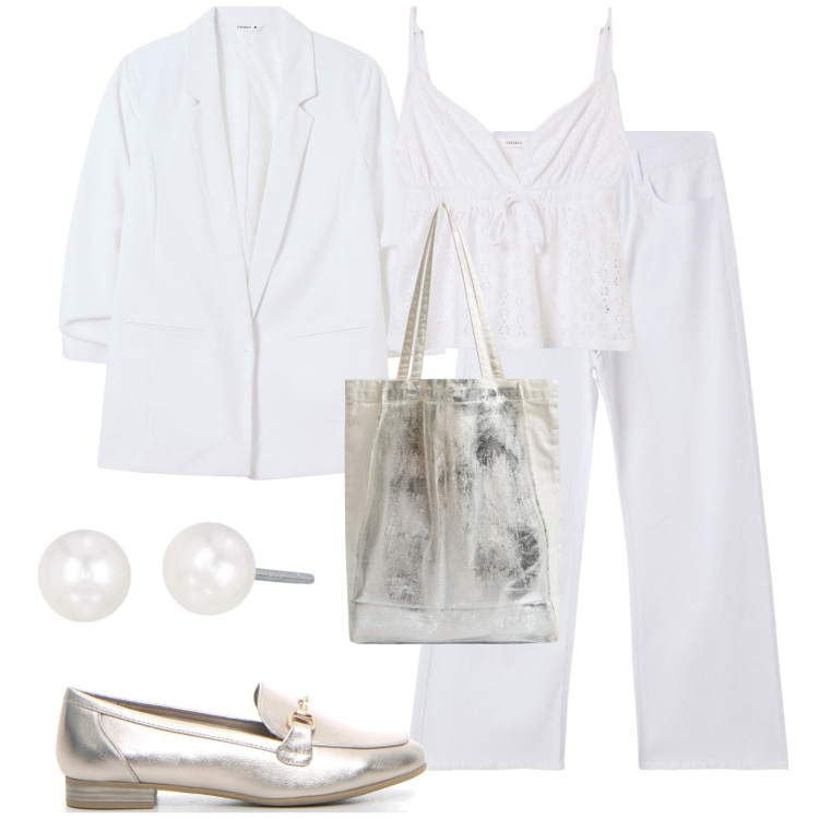 Outfit donna - Bianco assoluto. Stile Casual chic per Tutti i giorni. Abbinamento con blazer, canottiere, pantaloni, shopping bag, orecchini, mocassini.