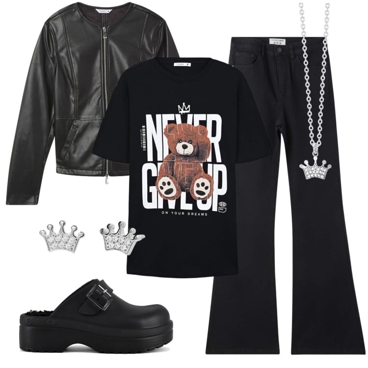 Outfit donna - Queen of Rock. Stile Rock per Tutti i giorni. Abbinamento con t-shirt, jeans a zampa, blazer, orecchini, collane, sandali.