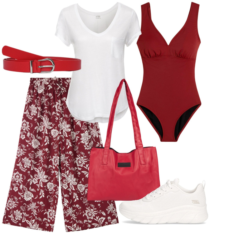 Outfit donna - Bianco su rosso. Stile Basic per Mare. Abbinamento con costumi interi, t-shirt, cinture, pantaloni a palazzo, shopping bag, sneakers.