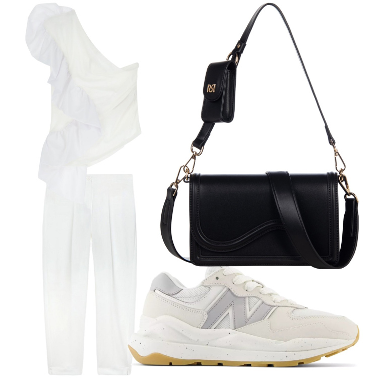 Outfit donna - Aperitivo. Stile Trendy per Tutti i giorni. Abbinamento con sneakers, pochette, top, pantaloni.