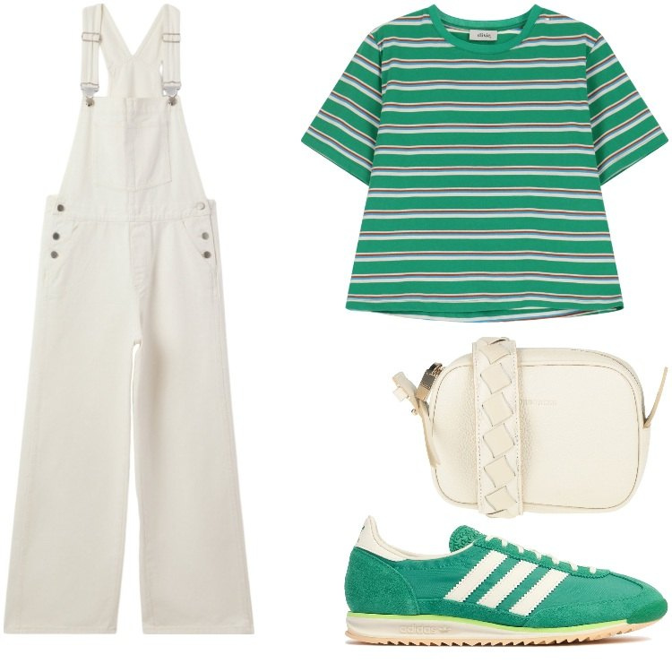 Outfit donna - Total look #2169811. Stile Casual per Tutti i giorni. Abbinamento con borse a tracolla, salopette, t-shirt, sneakers.