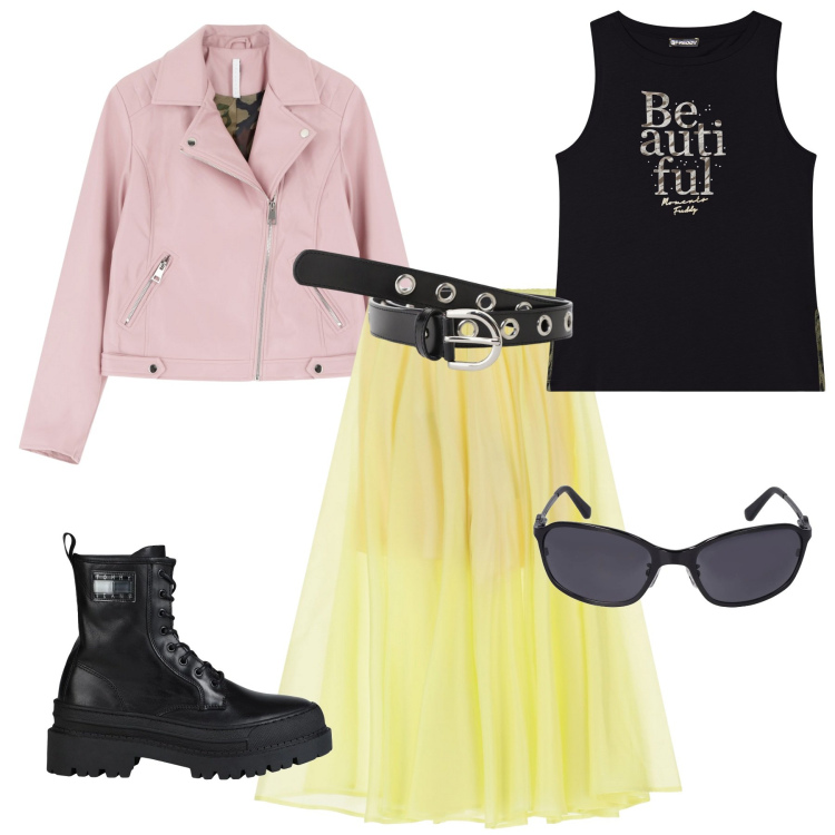 Outfit donna - Total look. Stile Rock per Tutti i giorni. Abbinamento con anfibi, cinture, pantaloni, blazer, canottiere, occhiali da sole.