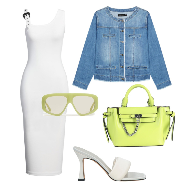 Outfit donna - Bianco e verde acido. Stile Casual per Tutti i giorni. Abbinamento con sandali col tacco, borse a mano, vestiti midi/longuette, blazer, occhiali da sole.