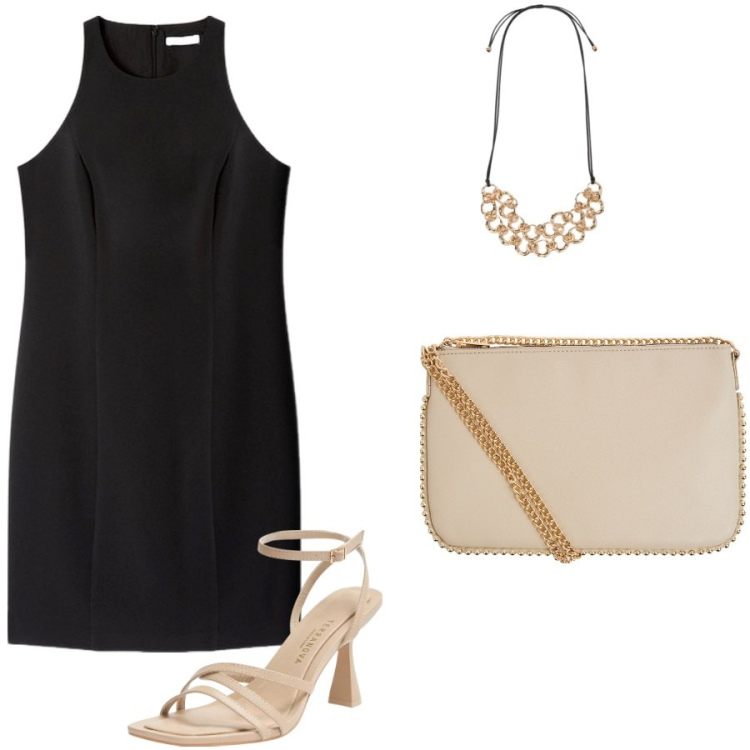 Outfit donna - Il vestito versatile. Stile Minimal per Serata fuori. Abbinamento con borse a tracolla, sandali col tacco, collane, vestiti corti.
