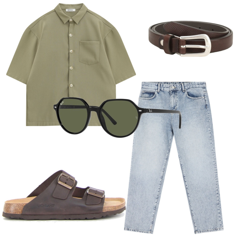 Outfit uomo - Comode ciabatte. Stile Casual per Tutti i giorni. Abbinamento con occhiali da sole, cinture, jeans dritti, camicie a manica corta, sandali.