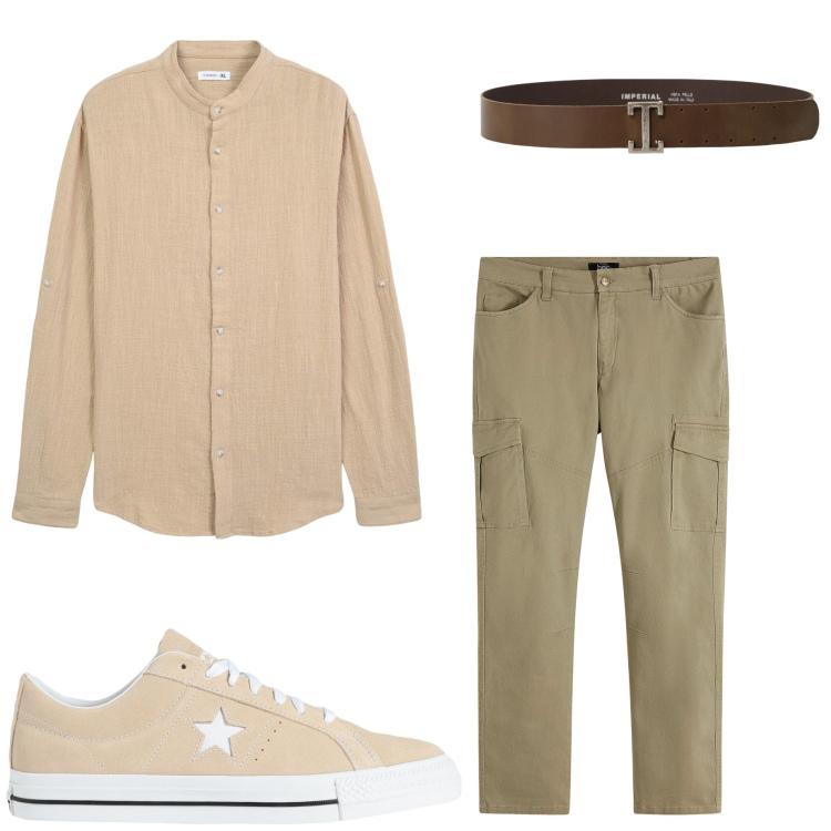 Outfit uomo - In città. Stile Casual per Tutti i giorni. Abbinamento con pantaloni cargo, sneakers, camicie, cinture.