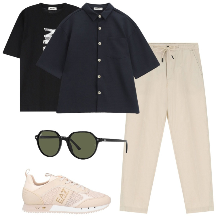 Outfit uomo - La camicia a maniche corte. Stile Trendy per Tutti i giorni. Abbinamento con occhiali da sole, sneakers, t-shirt, pantaloni chino, camicie a manica corta.