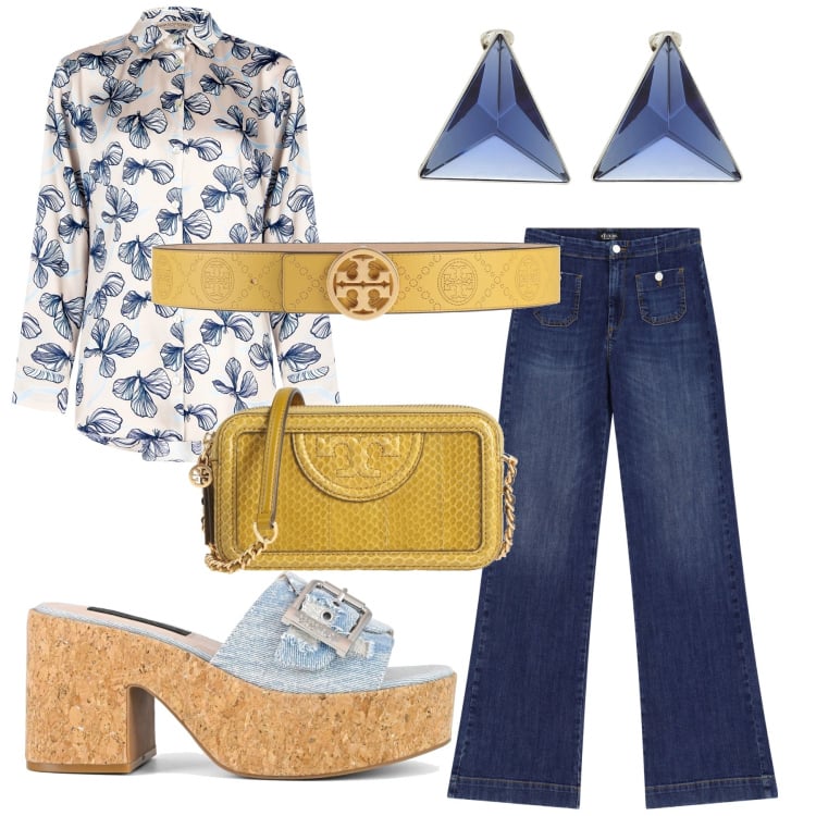 Outfit donna - Semplicità in oro e blu. Stile Minimal per Tutti i giorni. Abbinamento con orecchini, borse a tracolla, cinture, camicie, jeans a zampa, sandali.
