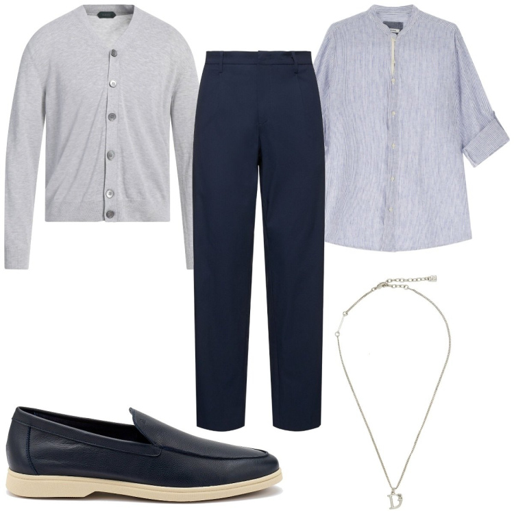 Outfit uomo - Micro accessori: una collana a maggio. Stile Trendy per Tutti i giorni. Abbinamento con collane, cardigans, camicie, scarpe stringate, pantaloni.
