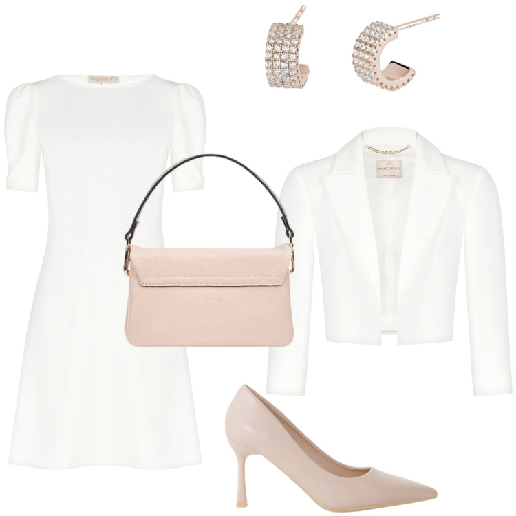 Outfit donna - Bianco assoluto. Stile Chic per Cerimonia. Abbinamento con bolero, vestiti, orecchini, décolleté, borse a tracolla.