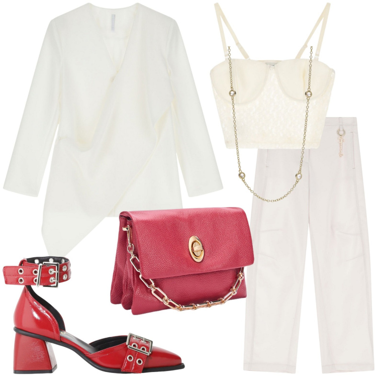 Outfit donna - Bianco assoluto. Stile Chic per Serata fuori. Abbinamento con collane, blazer, pantaloni, top, décolleté, borse a tracolla.