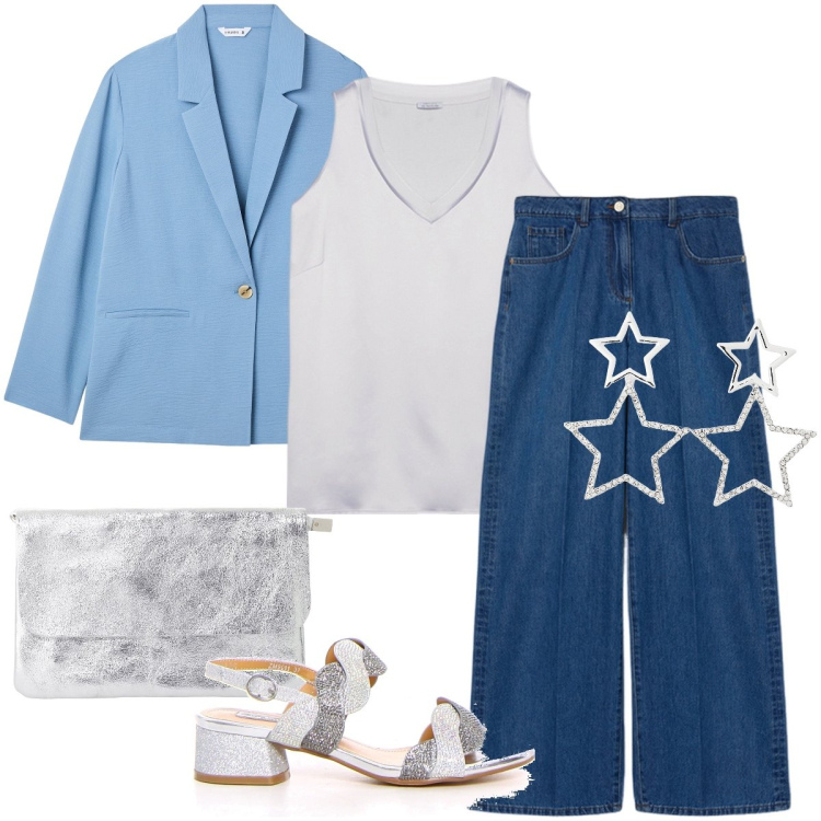 Outfit donna - Dettagli argentati. Stile Glamour per Serata fuori. Abbinamento con orecchini, blazer, borse a tracolla, top, sandali col tacco, jeans.