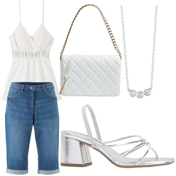 Outfit donna - Bianco assoluto. Stile Basic per Tutti i giorni. Abbinamento con bermuda, sandali col tacco, tuta corta, borse a tracolla, collane.