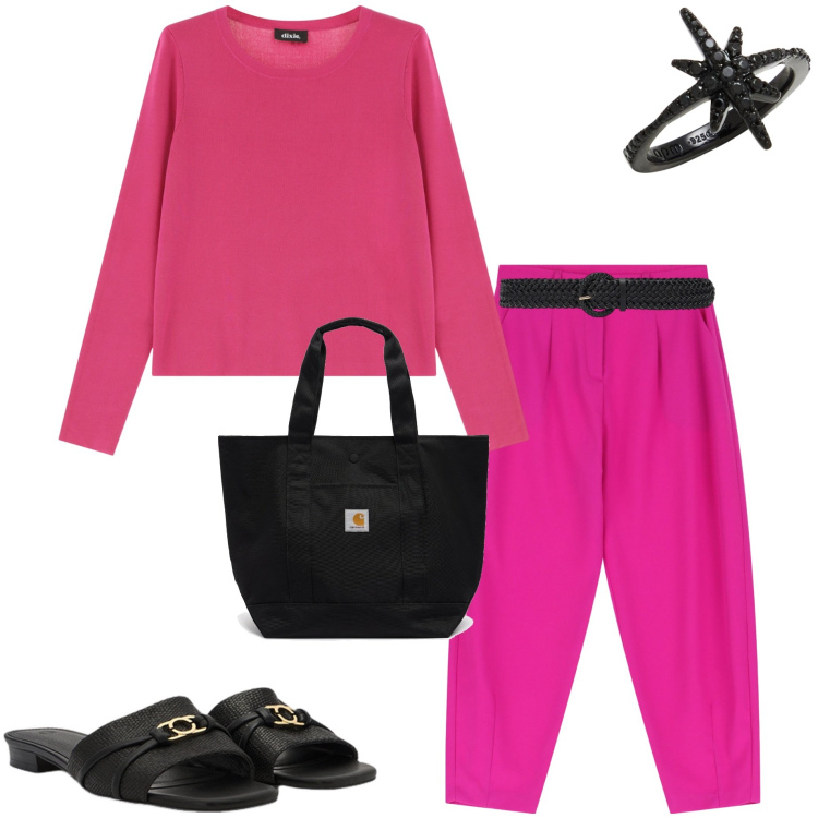 Outfit donna - Fucsia e nero. Stile Casual chic per Ufficio. Abbinamento con anelli, pullovers, pantaloni, borse tote, sandali col tacco, cinture.