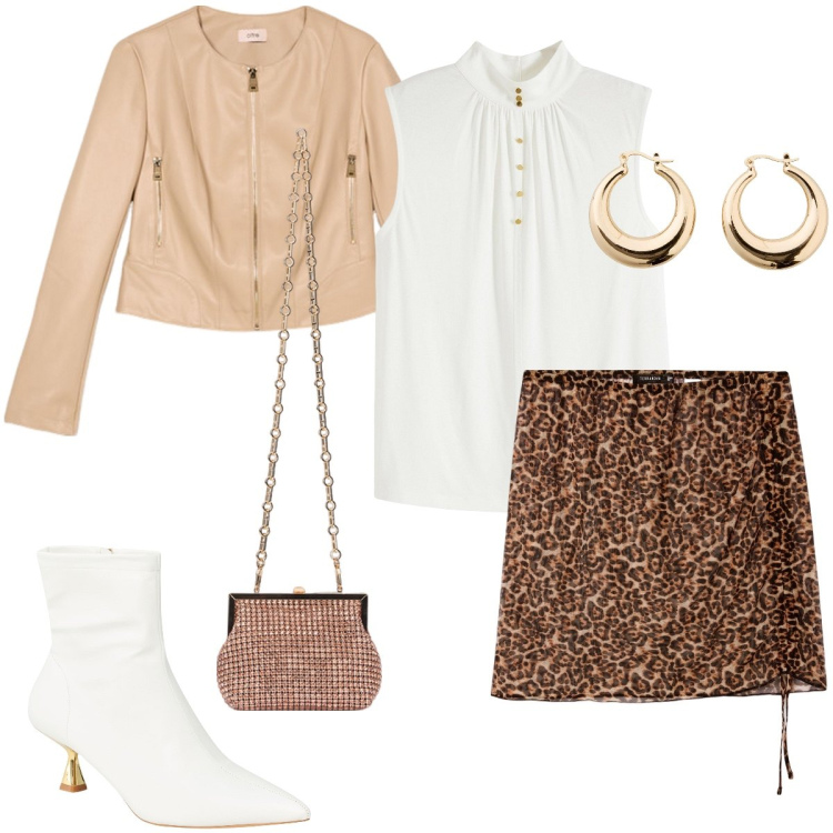 Outfit donna - La minigonna animalier. Stile Sexy per Serata fuori. Abbinamento con orecchini, top, stivaletti, minigonne, giacche, clutch.
