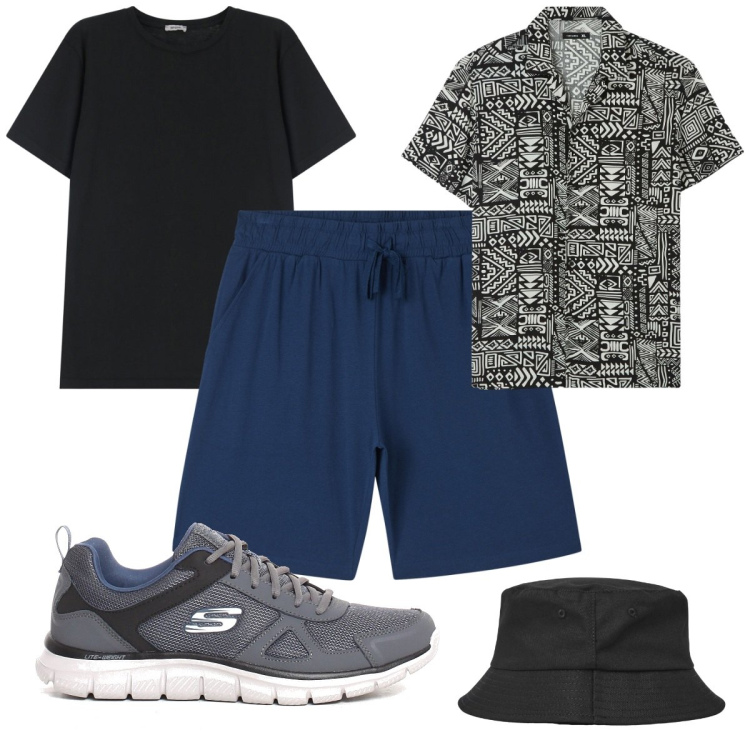 Outfit uomo - Total look #2170002. Stile Trendy per Tutti i giorni. Abbinamento con cappelli, camicie a manica corta, pantaloni corti, t-shirt, sneakers.
