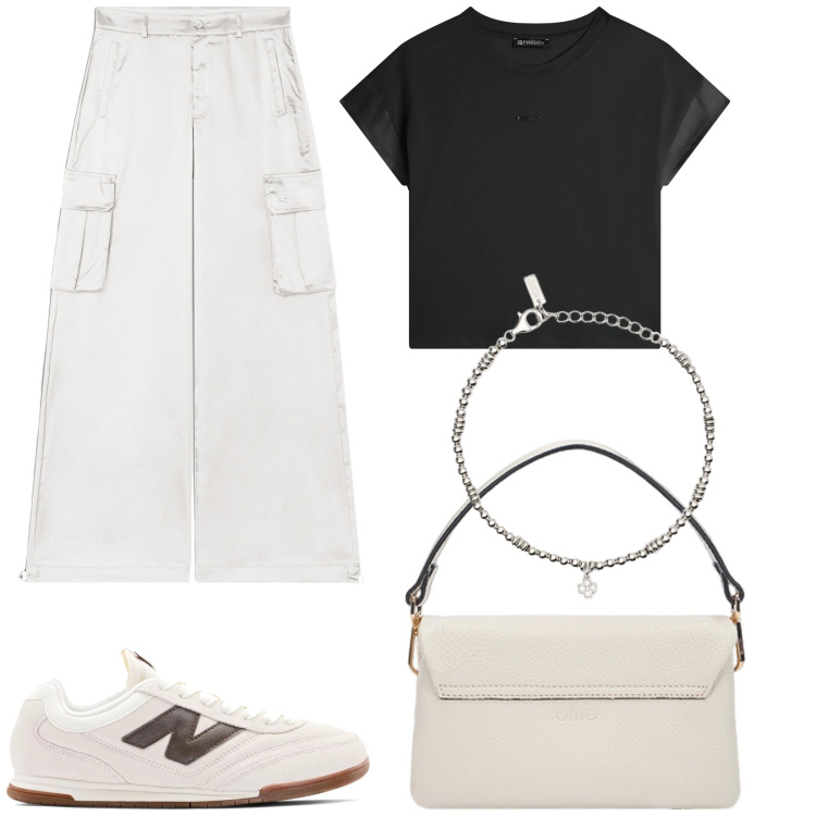 Outfit donna - Seta al tramonto. Stile Sporty chic per Serata fuori. Abbinamento con braccialetti con ciondoli, sneakers, pantaloni cargo, t-shirt, borse a tracolla.