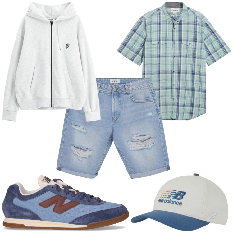 Outfit uomo - Total look #2170010. Stile Trendy per Tutti i giorni. Abbinamento con camicie a manica corta, cappelli, bermuda, felpe con cappuccio, sneakers.