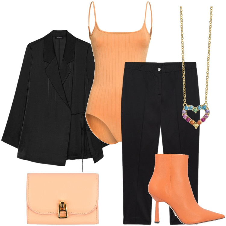Outfit donna - Nero ed arancione. Stile Sexy per Serata fuori. Abbinamento con stivaletti, portafogli, collane, pantaloni chino, blazer, top.