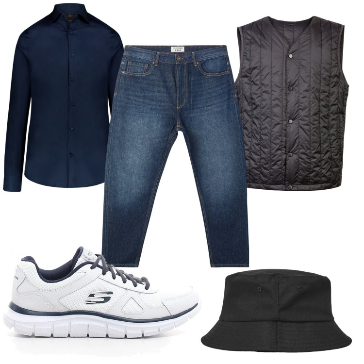 Outfit uomo - Total look #2170013. Stile Casual per Tutti i giorni. Abbinamento con jeans, cappelli, camicie, piumini, sneakers.