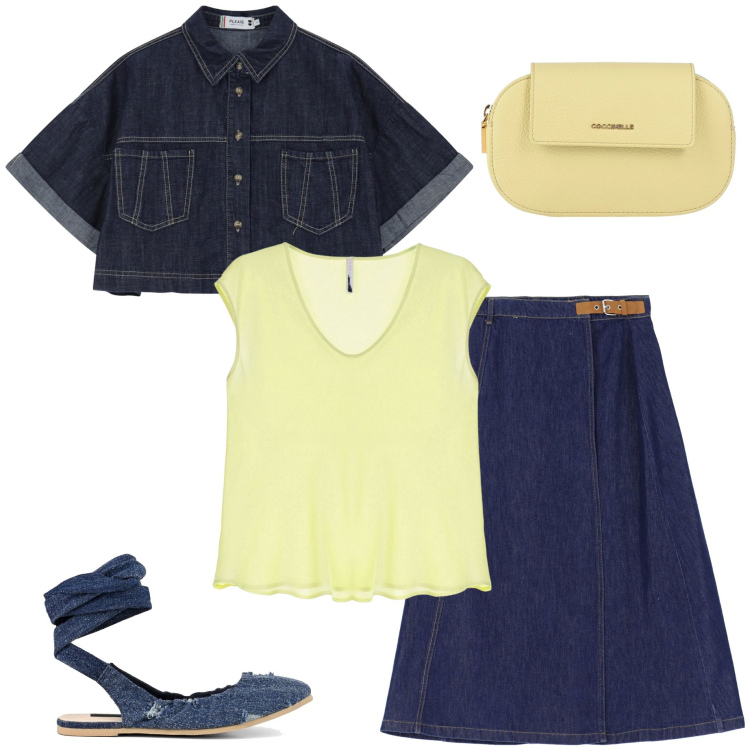 Outfit donna - Denim con un tocco di giallo. Stile Casual chic per Tutti i giorni. Abbinamento con borse a mano, blazer, gonne lunghe, top, ballerine.