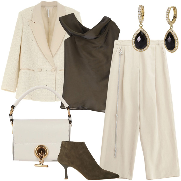 Outfit donna - Cerimonia a maggio. Stile Chic per Cerimonia. Abbinamento con borse a mano, orecchini, pantaloni, top, blazer, stivaletti.