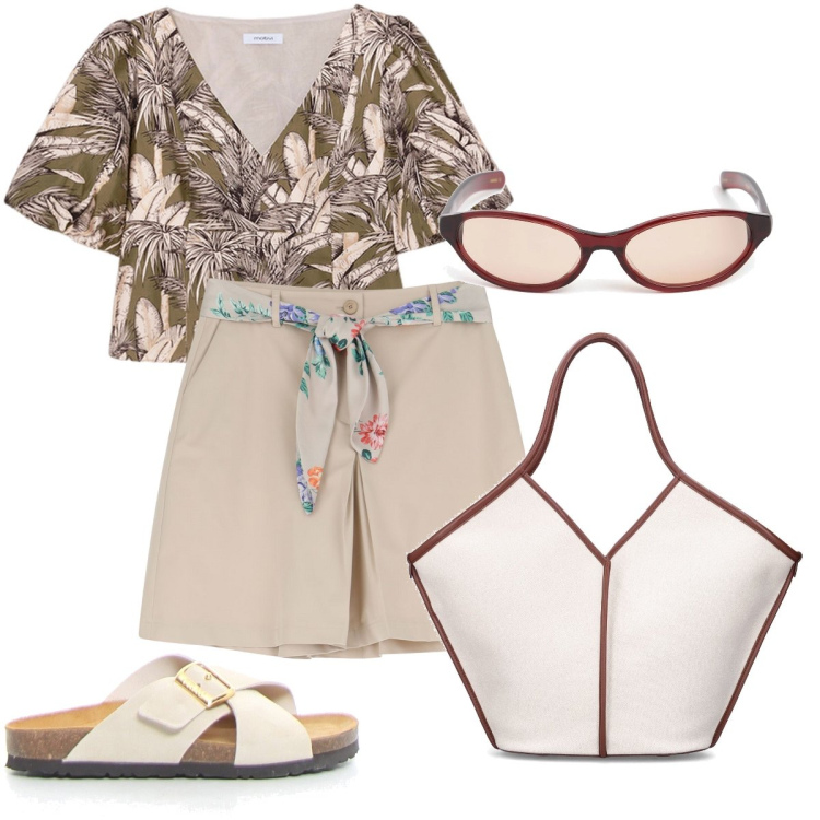 Outfit donna - Al mare. Stile Boho per Mare. Abbinamento con shorts, top, shopping bag, ciabatte, occhiali da sole.