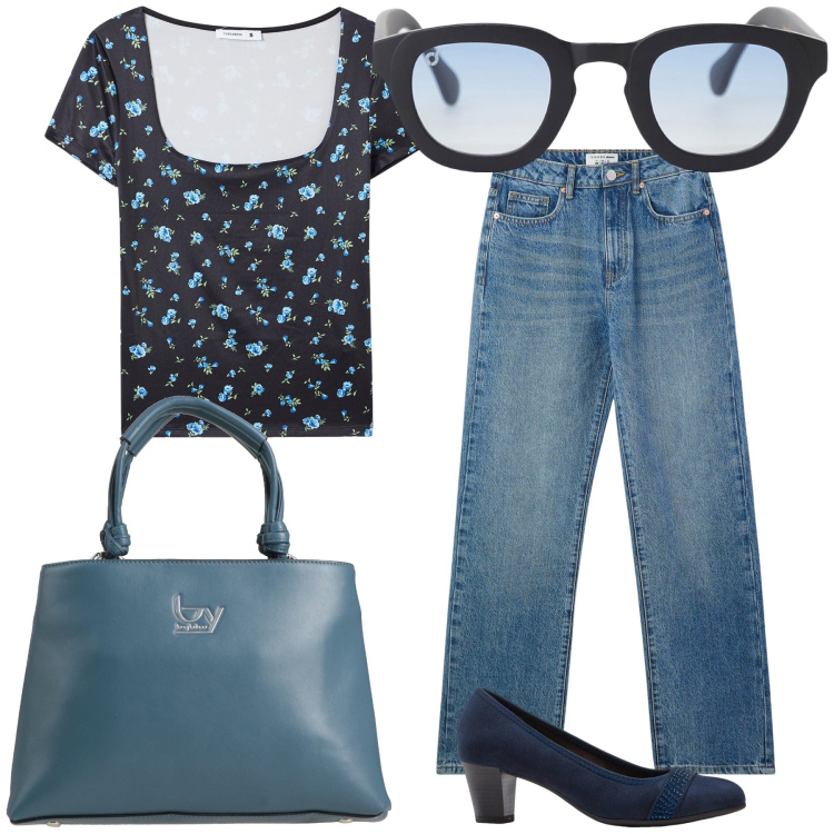 Outfit donna - Due passi dí domenica. Stile Basic per Tutti i giorni. Abbinamento con décolleté, borse a mano, t-shirt, jeans dritti, occhiali da sole.