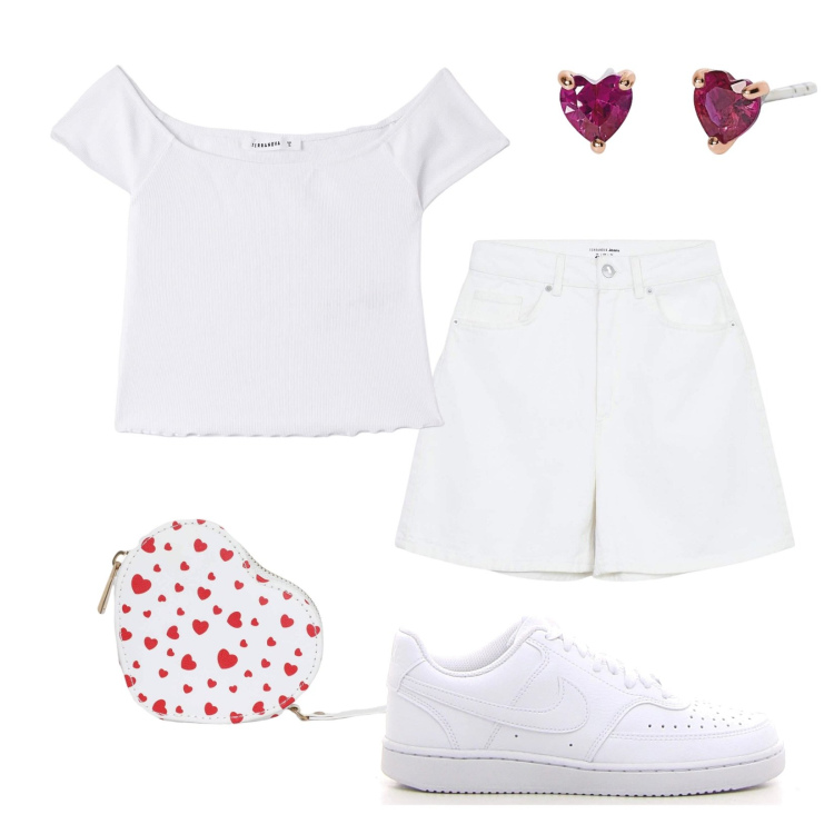 Outfit donna - Super Fresh. Stile Casual per Tutti i giorni. Abbinamento con portafogli, t-shirt, bermuda, orecchini, sneakers.