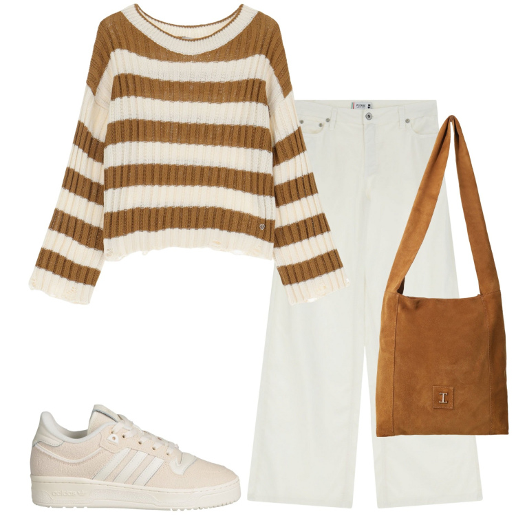 Outfit donna - Serata di maggio. Stile Casual per Serata fuori. Abbinamento con sneakers, pantaloni a palazzo, maglieria, borse a tracolla.