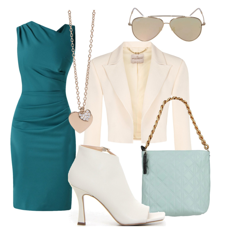 Outfit donna - Comunione in Ray-Ban. Stile Chic per Cerimonia. Abbinamento con borse a mano, ciondoli, vestiti asimmetrici, bolero, sandali col tacco, occhiali da sole.