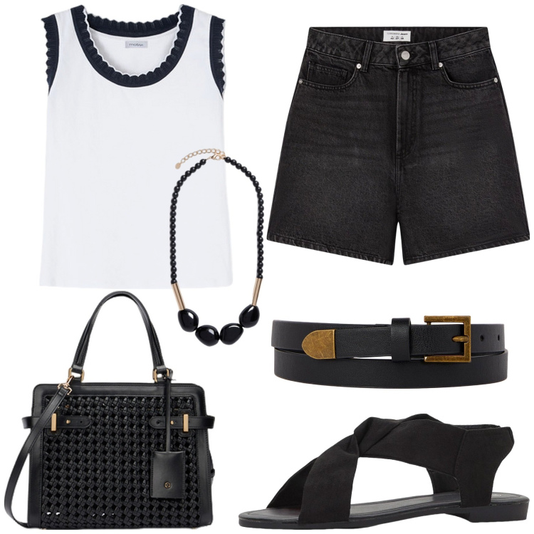 Outfit donna - Top e shorts con gli accessori giusti. Stile Casual per Tutti i giorni. Abbinamento con sandali, bermuda, cinture, borse a mano, top, collane.