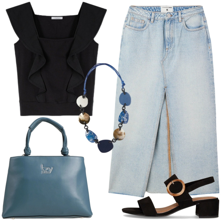 Outfit donna - Top e gonna longuette di jeans. Stile Casual chic per Serata fuori. Abbinamento con borse a mano, collane, gonne lunghe, top, sandali col tacco.