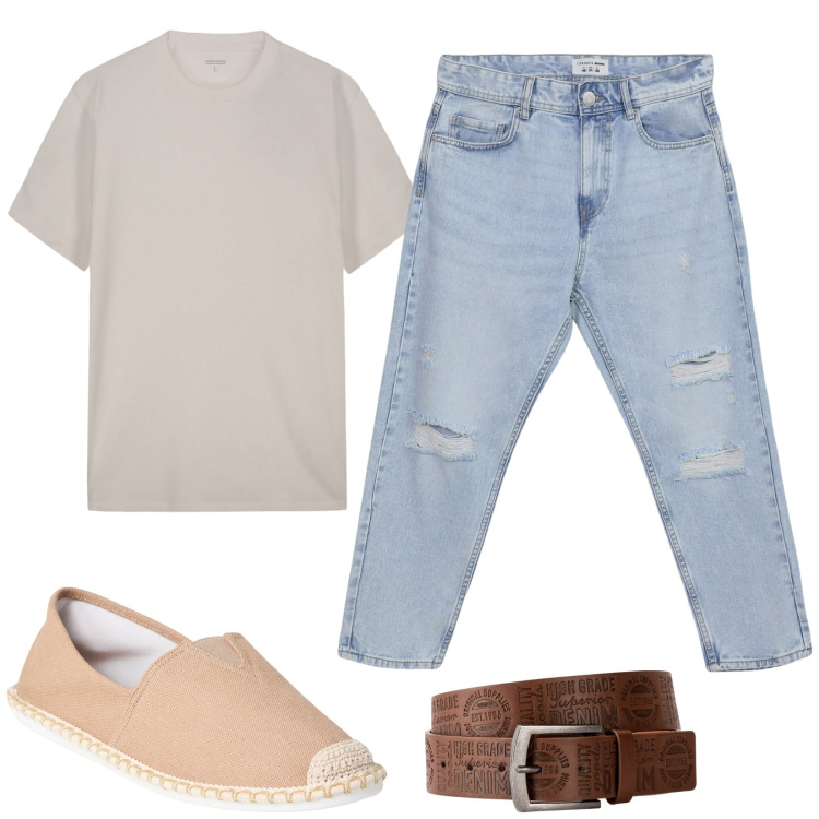 Outfit uomo - Informal style. Stile Casual per Tutti i giorni. Abbinamento con cinture, espadrillas, jeans strappati, t-shirt.