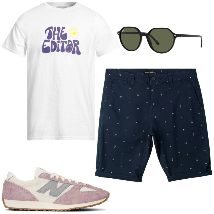 Outfit uomo - Informal style. Stile Casual per Tutti i giorni. Abbinamento con occhiali da sole, t-shirt, pantaloni corti, sneakers.