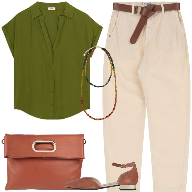 Outfit donna - Al lavoro. Stile Casual chic per Ufficio. Abbinamento con ballerine, borse a mano, pantaloni chino, camicie a manica corta, ciondoli.