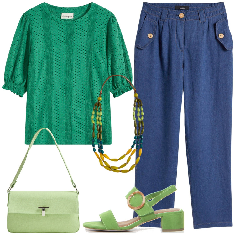 Outfit donna - Declinazioni di verde e jeans. Stile Casual chic per Tutti i giorni. Abbinamento con bluse, pantaloni chino, borse a spalla, collane, sandali col tacco.