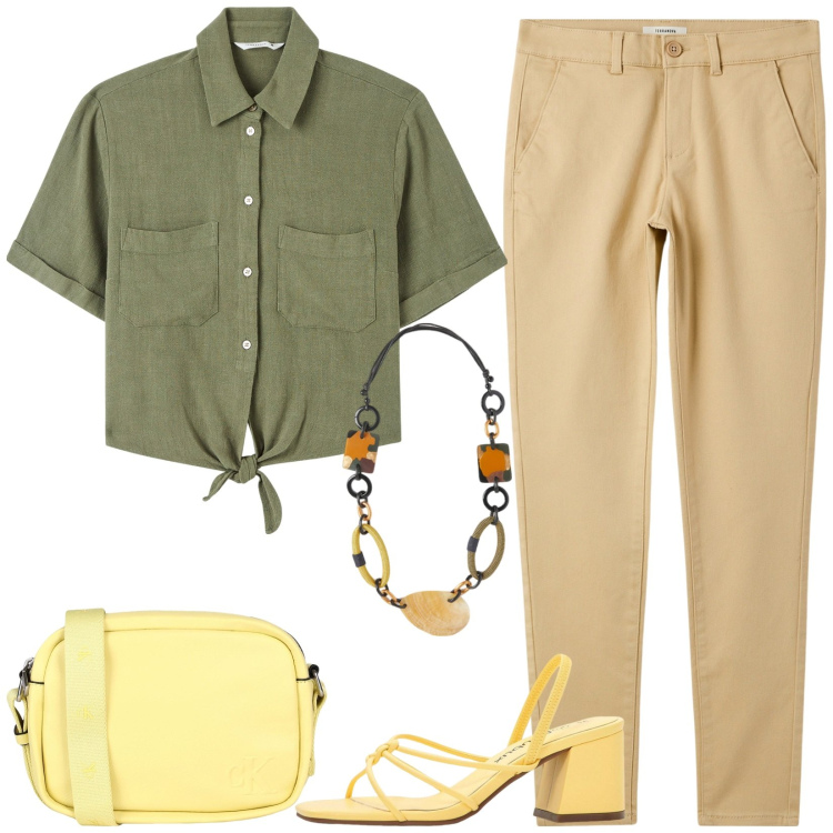 Outfit donna - Mix colori neutri. Stile Casual per Tutti i giorni. Abbinamento con sandali col tacco, borse a tracolla, camicie a manica corta, pantaloni chino, collane.