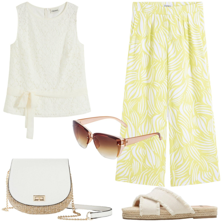 Outfit donna - Total look Bonprix. Stile Casual per Tutti i giorni. Abbinamento con ciabatte, borse a tracolla, pantaloni a palazzo, occhiali da sole, top.