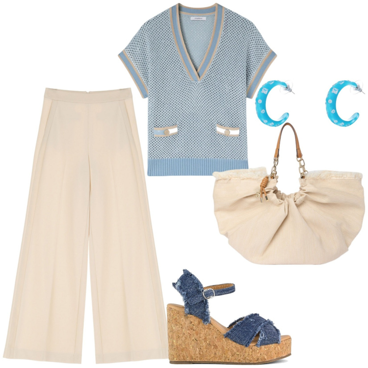 Outfit donna - Domenica mattina. per Tutti i giorni. Abbinamento con orecchini, pantaloni a palazzo, zeppe, maglieria, borse a mano.
