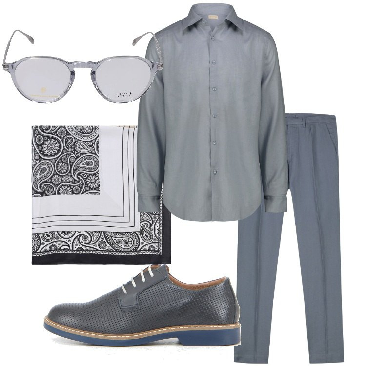 Outfit uomo - Micro-accessori, maxi effetto. Stile Business/Elegante per Ufficio. Abbinamento con sciarpe e foulard, camicie, pantaloni, occhiali da sole, scarpe stringate.
