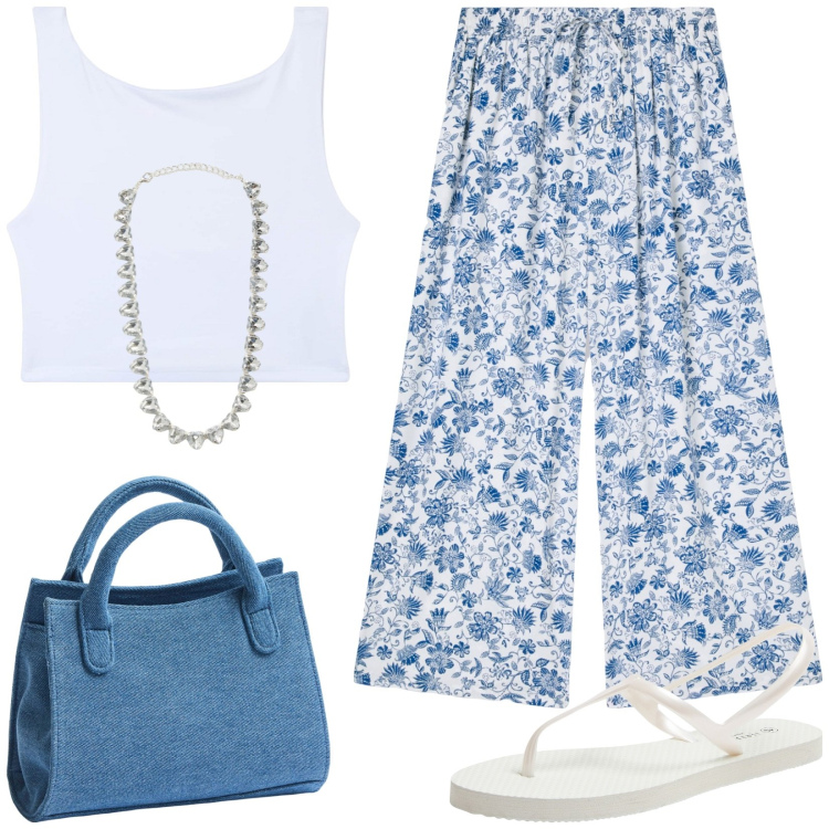 Outfit donna - Total look Terranova. Stile Basic per Tutti i giorni. Abbinamento con pantaloni a palazzo, sandali, top, borse a tracolla, collane.