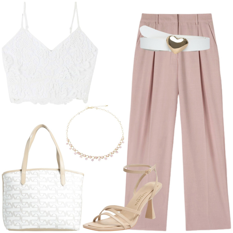 Outfit donna - Easy chic. Stile Casual chic per Tutti i giorni. Abbinamento con borse a mano, top, cinture, sandali col tacco, collane, pantaloni a palazzo.