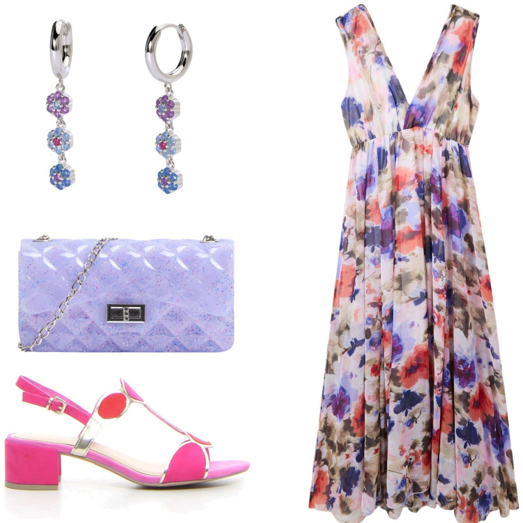 Outfit donna - Cerimonia a piccoli prezzi. Stile Casual chic per Cerimonia. Abbinamento con vestiti lunghi, borse a tracolla, orecchini, sandali col tacco.