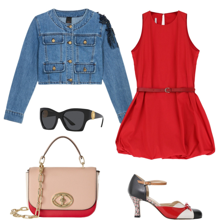 Outfit donna - Abitino rosso e jeans. Stile Glamour per Tutti i giorni. Abbinamento con occhiali da sole, vestiti corti, décolleté, borse a tracolla, blazer.