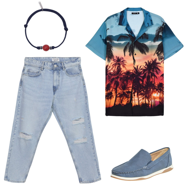 Outfit uomo - Aperitivo in spiaggia. Stile Casual per Tutti i giorni. Abbinamento con scarpe stringate, camicie a manica corta, jeans strappati, braccialetti.